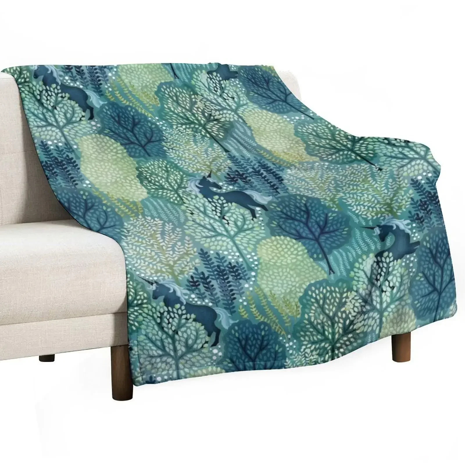 

Hidden unicorn woods in shades of green watercolor Throw Blanket wednesday Luxury Blankets