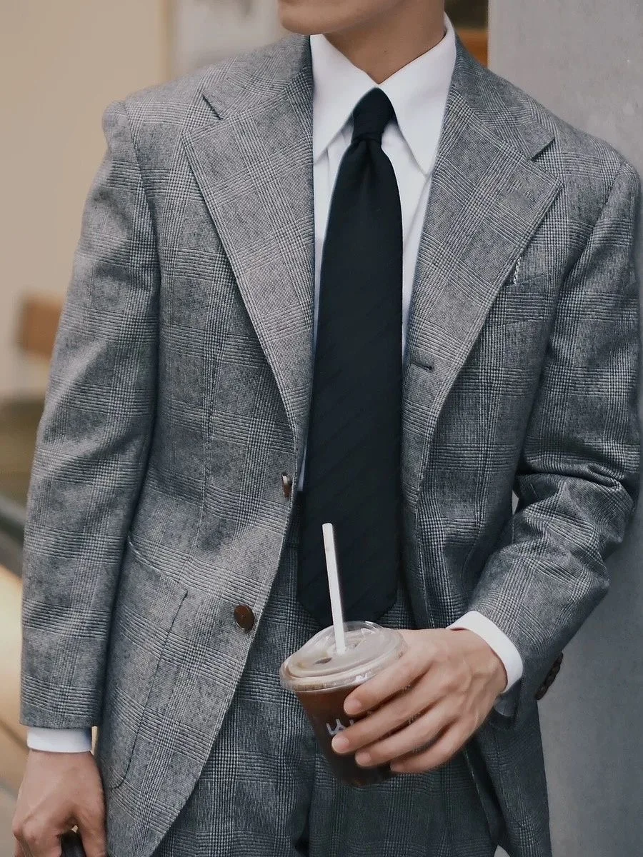 

Осенне-зимний новый шерстяной серый клетчатый пиджак, деловой повседневный теплый одинарный костюм с плоским воротником, большой размер