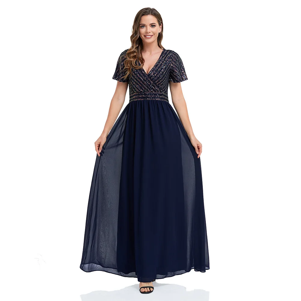 Formale Kleid Frauen Elegante V-ausschnitt Chiffon Sexy Prom Kleid Bodenlangen Abendkleid mit Kurzen Ärmeln