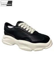 Autumn New Mens Casual Shoes Cowhide Genuine Leather Sneakers Breathable Lace Up Thick Platform Joggers Trainers Active Shoes