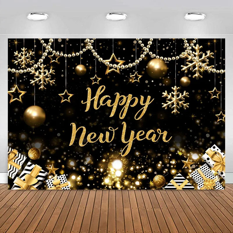 Happy New Year Photography Backdrop Black and Gold at Midnight Star Pendant Background Cheers to Eve Party Decoration Banner