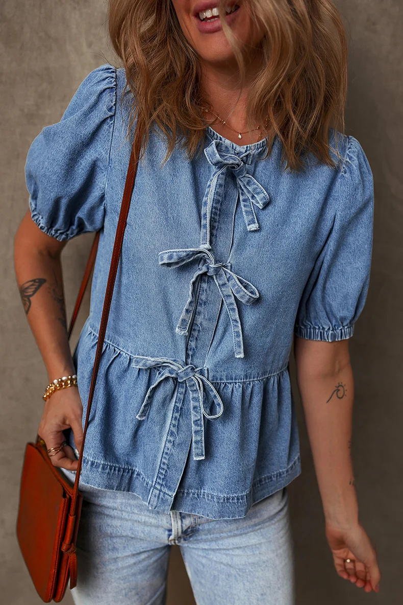 

2025 Summer New Solid Color Denim Shirt Female European And American Casual Bow Tie Pullover Round Neck Puff Sleeve Top Female