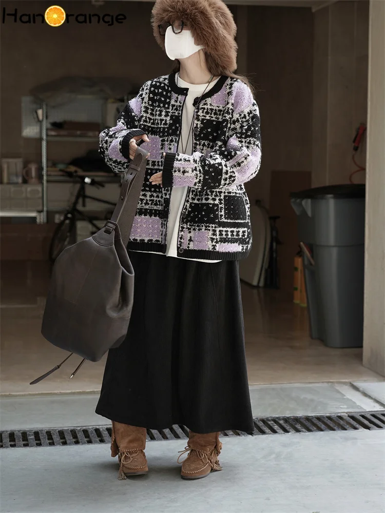 HanOrange 2025 الشتاء الرجعية الفن كتلة التباين قصيرة رداء علوي من الصوف المرأة فضفاضة قمة الموضة الأرجواني #6