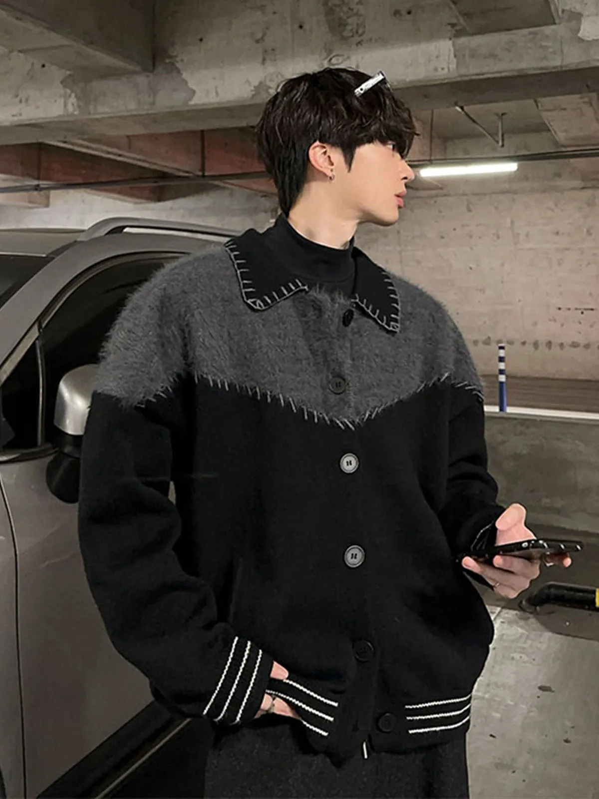 Man Patchwork Sweater 2025 Autumn Winter Men's Retro Color Block Cardigan Loose Fit Shawl Collar Trendy Versatile Knit Outerwear