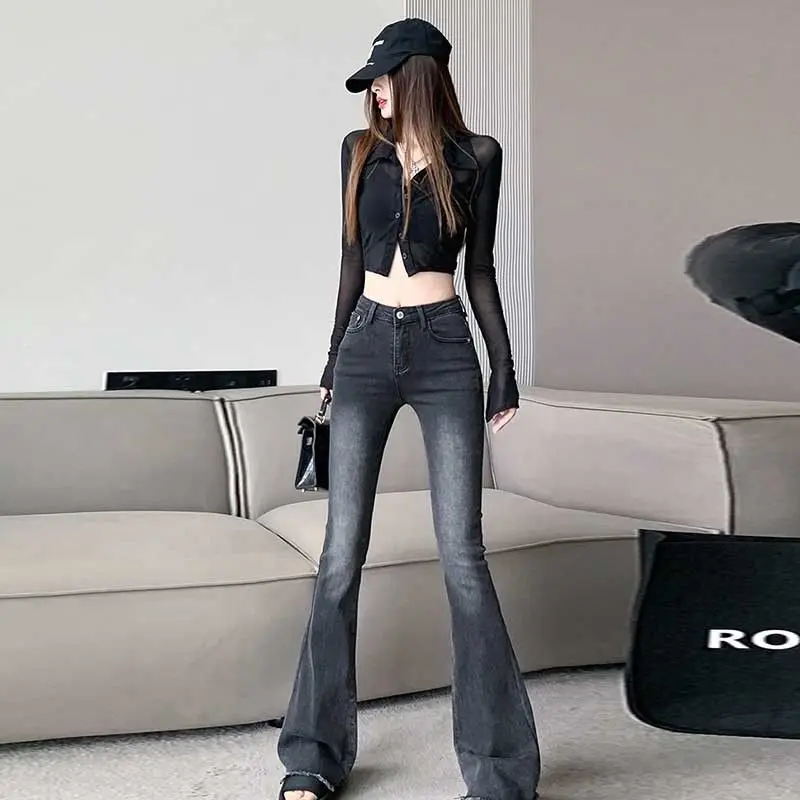 Dames herfst nieuwe modetrend hoge taille wijde pijpen slim fit elastische franjes ontwerp gevoel veelzijdige micro uitlopende broek