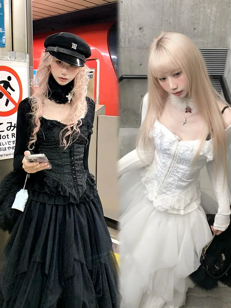 Original Design Klassische Gothic Spitze Patch Schlank Sexy Top Langarm Spitze-up Punk Low Breasted Shirt Frühling Herbst