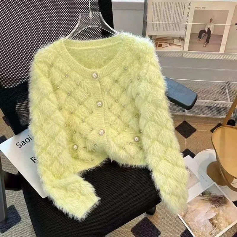 Casual Female Knitted Sweater Jacket Autumn Winter 2025 Long Sleeved Imitation Mink Women Cardigan Sweater Coat Age reduction
