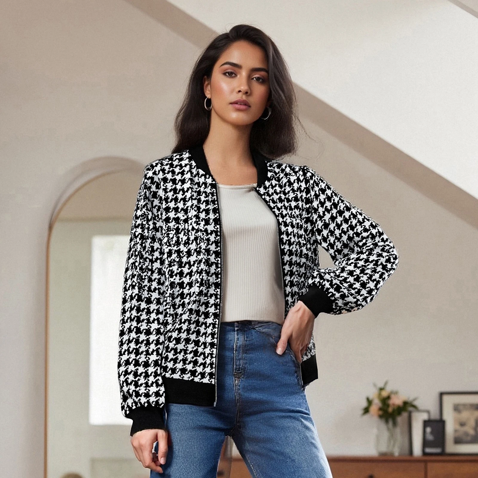 fashion Women's Houndstooth Jacket Long Sleeve Front Zip Stand Collar Casual Loose Coat for Fall, Winter