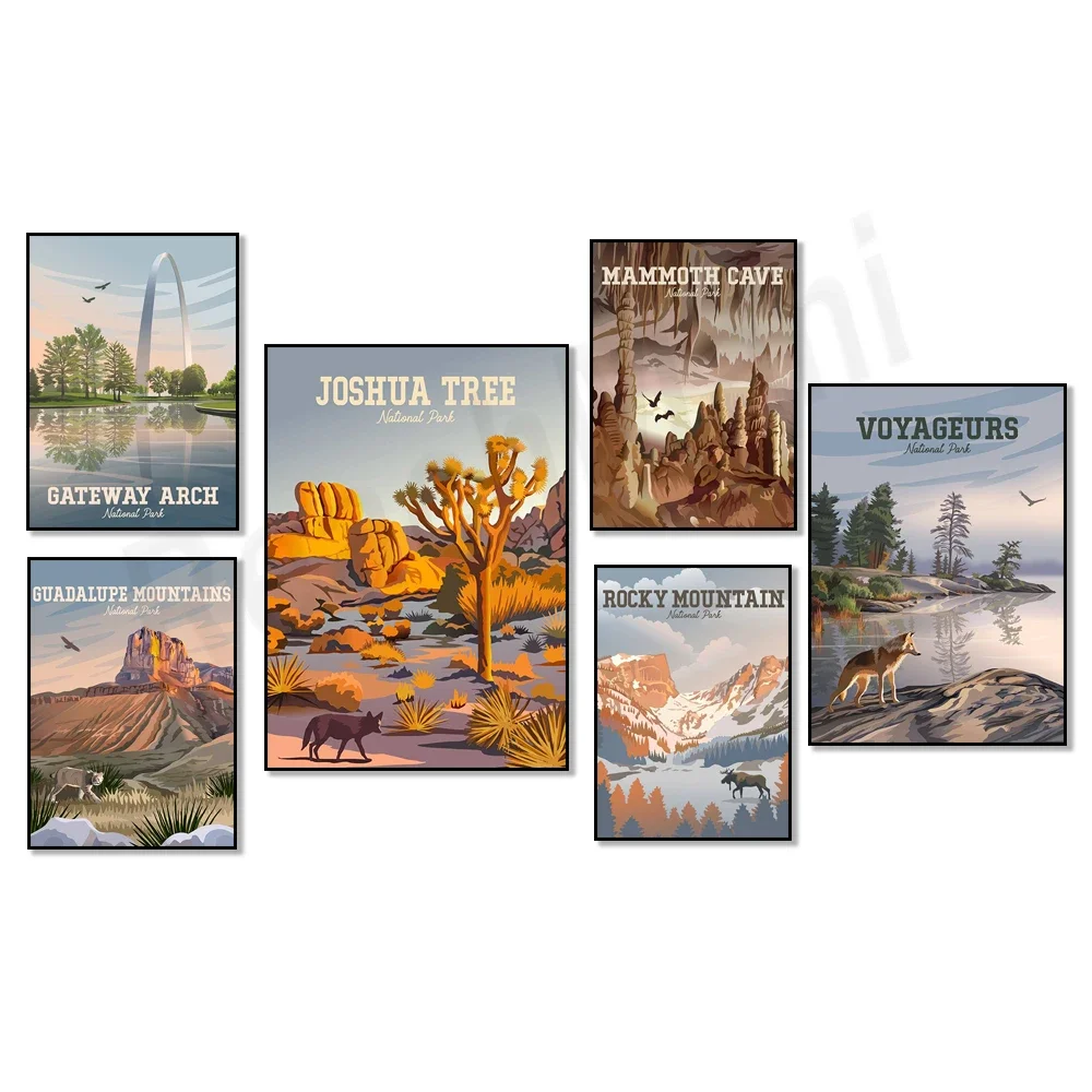 Death Valley, Mammoth Cave National Park, Colorado, Guadalupe Mountains, South Carolina, Joshua Tree, Minnesota travel posters