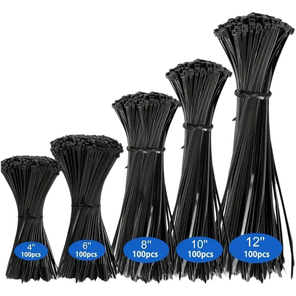 500 peças de abraçadeiras de nylon resistentes pretas - tamanhos versáteis para todas as suas