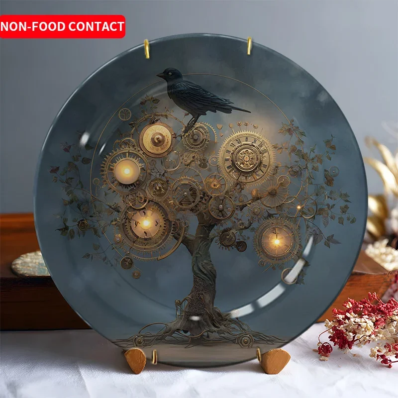 1pc Hand-Painted Ceramic Wall Art Plate - Elegant Blue & Golden Tree of Life with Birds, Non-Food Contact Decorative Hanging