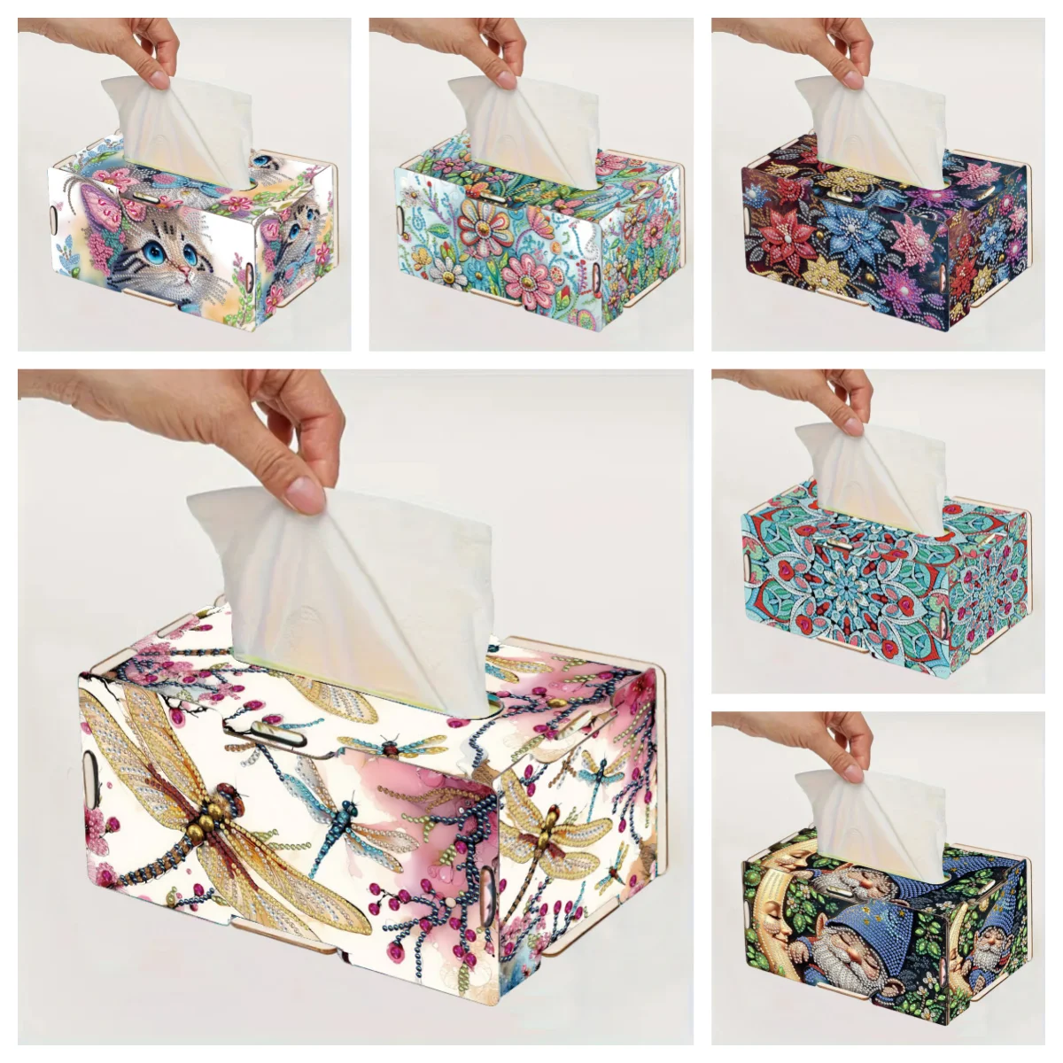 

1 DIY handcrafted wooden floral/animal pattern diamond painting tissue box and tissue box, naturally inspired inlaid art piece