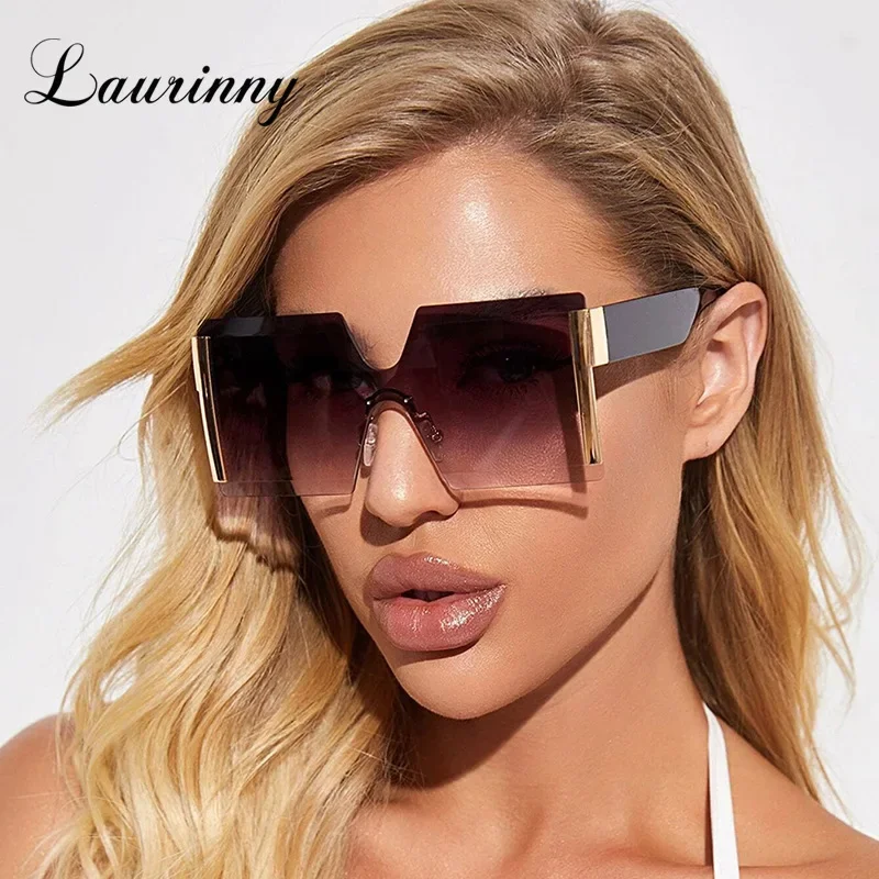 Vintage One Piece Oversized Sunglasses Women Rimless Brand Designer Fashion Shades Windproof Big Frame Sun Glasses Female UV400