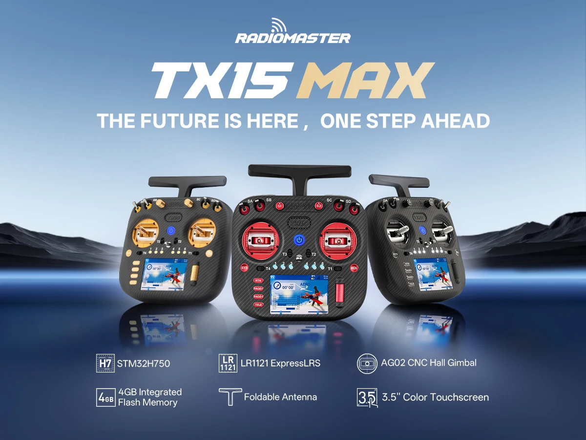 

Radiomaster TX15 Max 3,5-дюймовый сенсорный IPS радиоконтроллер ExpressLRS с AG02 CNC Hall Gimbal Встроенный гироскопический микрофон