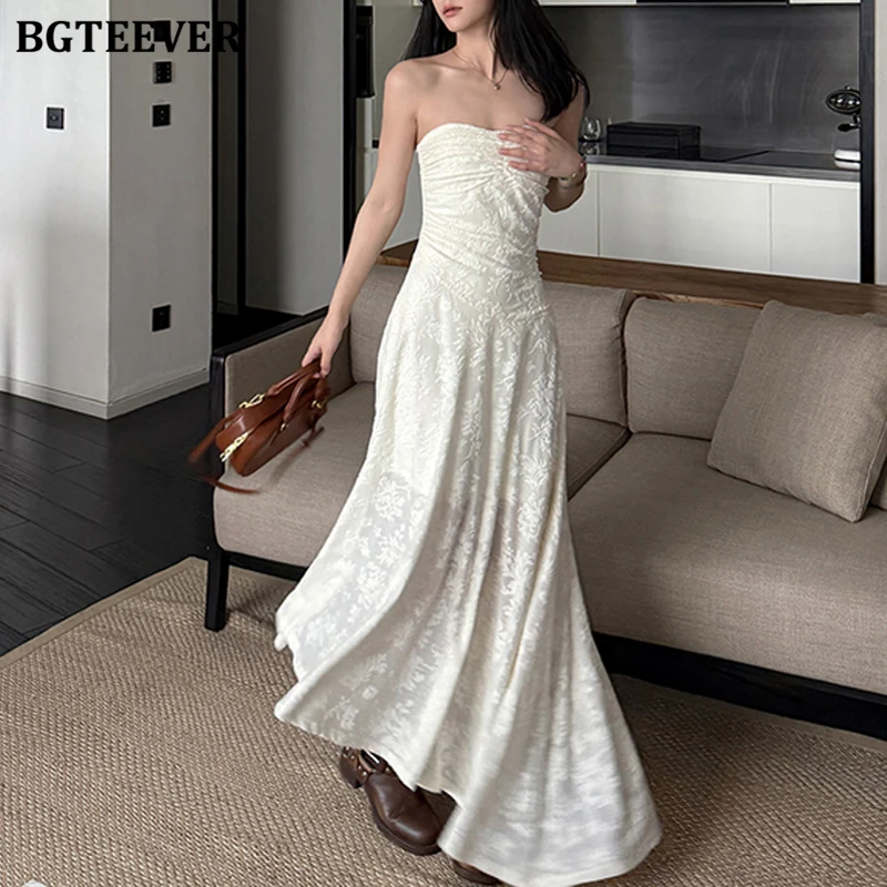 

BGTEEVER Summer Elegant Slim Waist Female Strapless A-line Dress Fashion Women Sleeveless Mid-Length Dress
