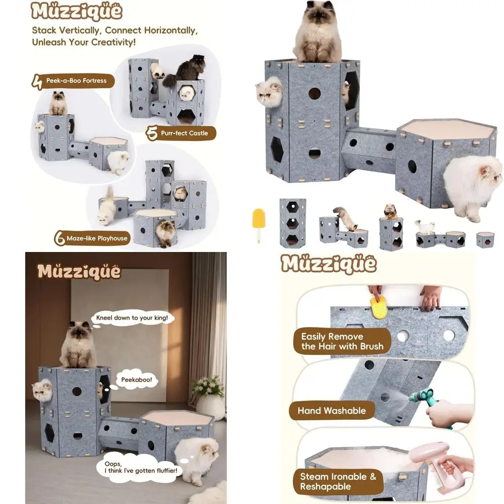 

Indoor Pet Palace: Hair Brush, Expandable Felt Tunnel, Modular Multi-Level Nests, Peekaboo Cave, 3-Level XL Platform & Perch Bed