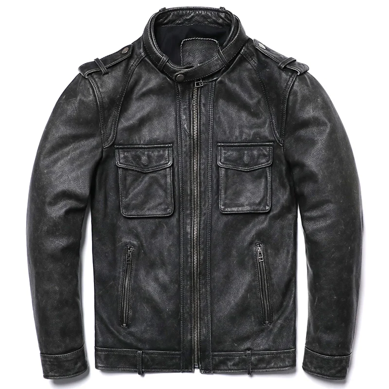 2023 New Grey Vintage Genuine Leather Jacket Men's Natural Cowhide Motorcycle Biker Slim Fit Coat Fashion Man Clothing Coats