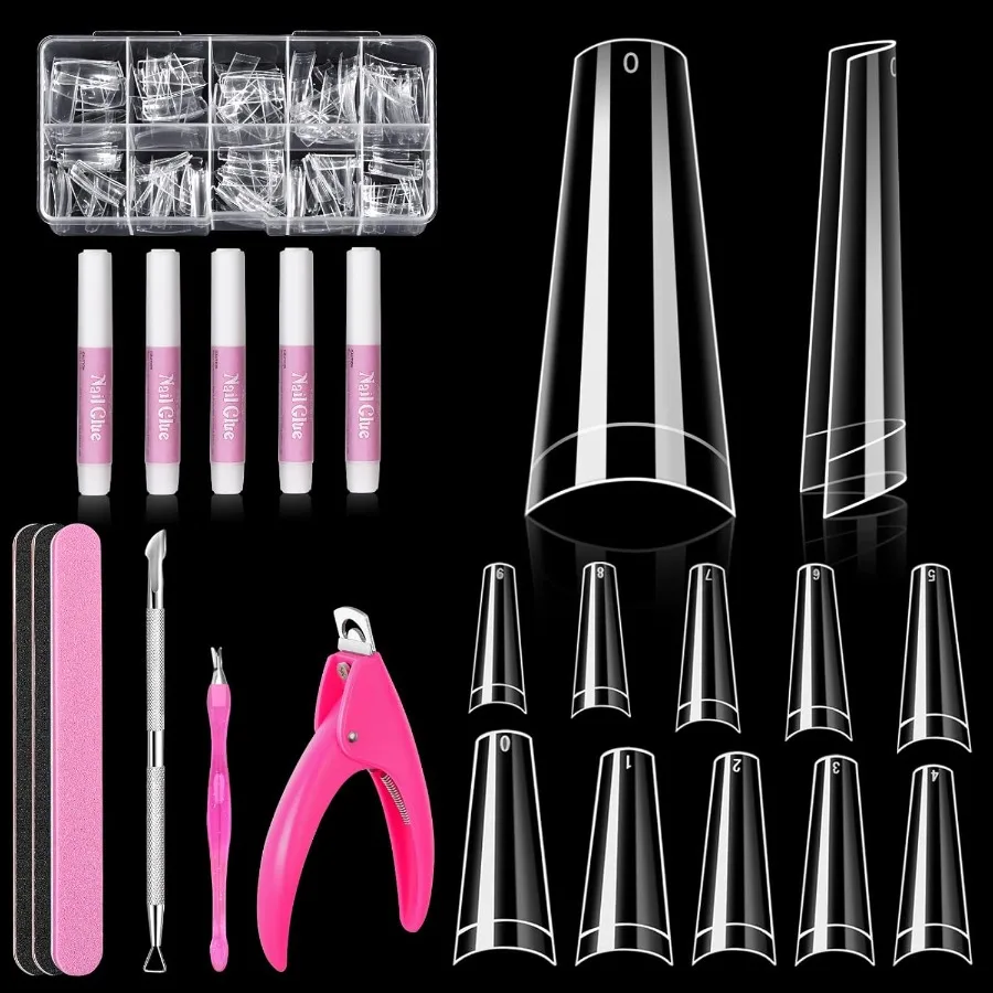 

MORGLES Half Cover Coffin Nail Tips Set 500 Pcs Clear Acrylic Nail Tips with Glue Clipper Files Cuticle Pusher and Fork for Sal