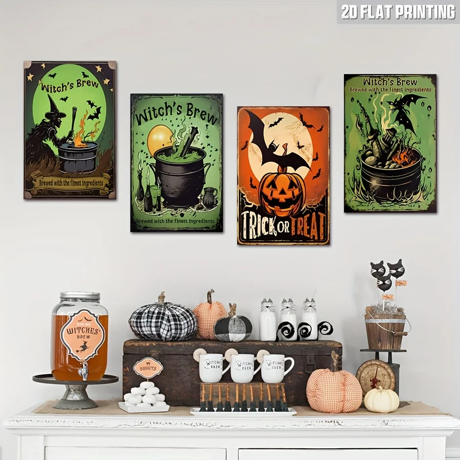 Halloween Decoration Sign And Wall Art Set, 4pcs In Total, Including A Metal Tin Sign, Themed 