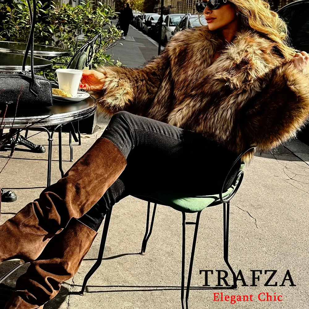 TRAFZA-Women Winter Solid Faux Fur Coat Jacket Big Lapel Coat New 2024 Autumn Winter Fashion Slouchy Vintage High Street Coat