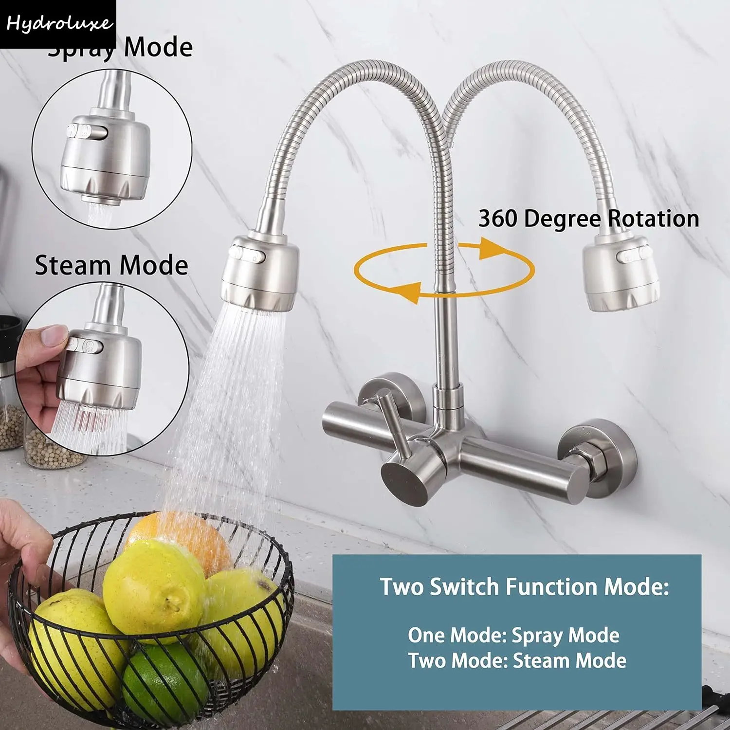 

Кухонный смеситель настенный из нержавеющей стали 304, для холодной и горячей воды, с гибким изливом 360 градусов