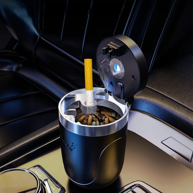 

Automatic LED Car Ashtray Metal Cigarette Ash Holder Cup Covered Smokingless Ashtray Portable Car Cigar Tray Smoking Accessories