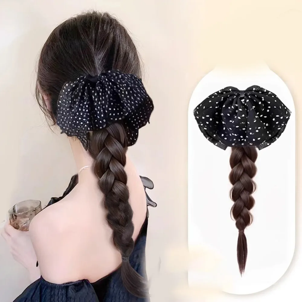 

Vintage Polka Dot Bow Synthetic Ponytail Wig Grab Clip Women Sweet Temperament Versatile Ponytail Hair Accessory