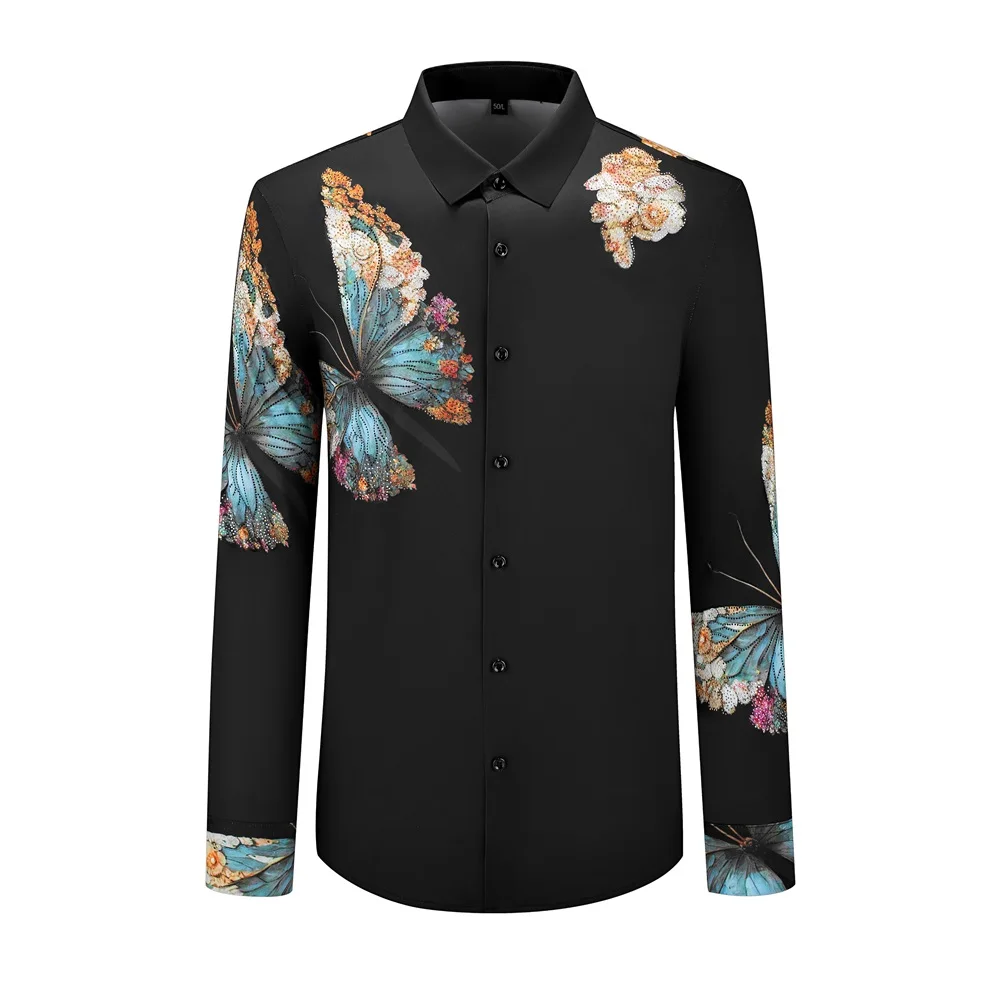 

3D Butterfly Print Luxury Men's Social Shirts Fashion Lapel Long-sleeved shirt Casual Banquet Party Formal Dress Top y2k Clothes