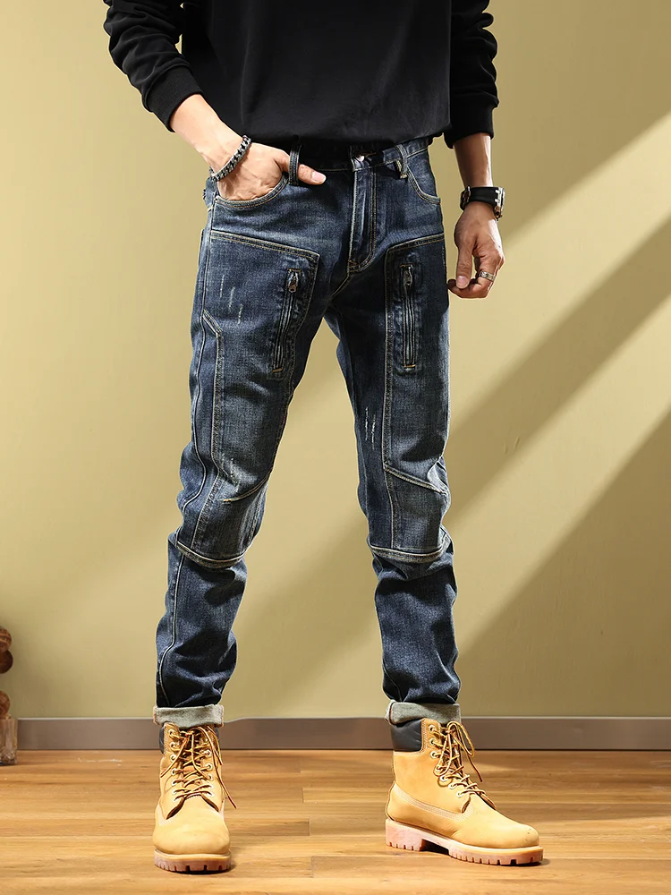 Jeans for Men Spliced Male Cowboy Pants Straight Motorcycle Trousers Skinny Tight Pipe Slim Fit Regular Korean Style Washed Soft