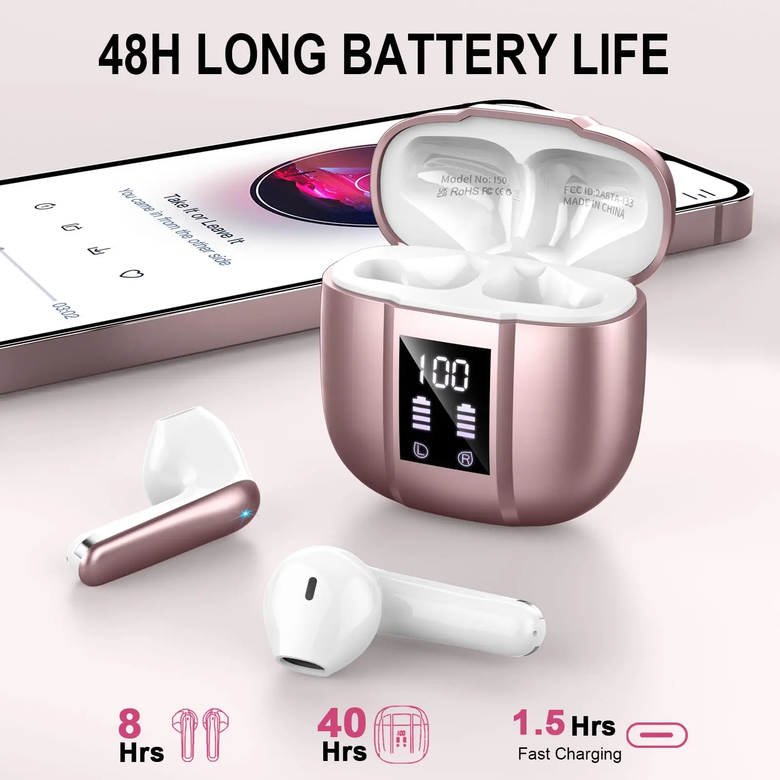 Wireless Earbuds, Bluetooth 5.3 Semi-In-Ear Headphones with 4 ENC Mics, 48H Playtime LED Display Wireless Earphones.