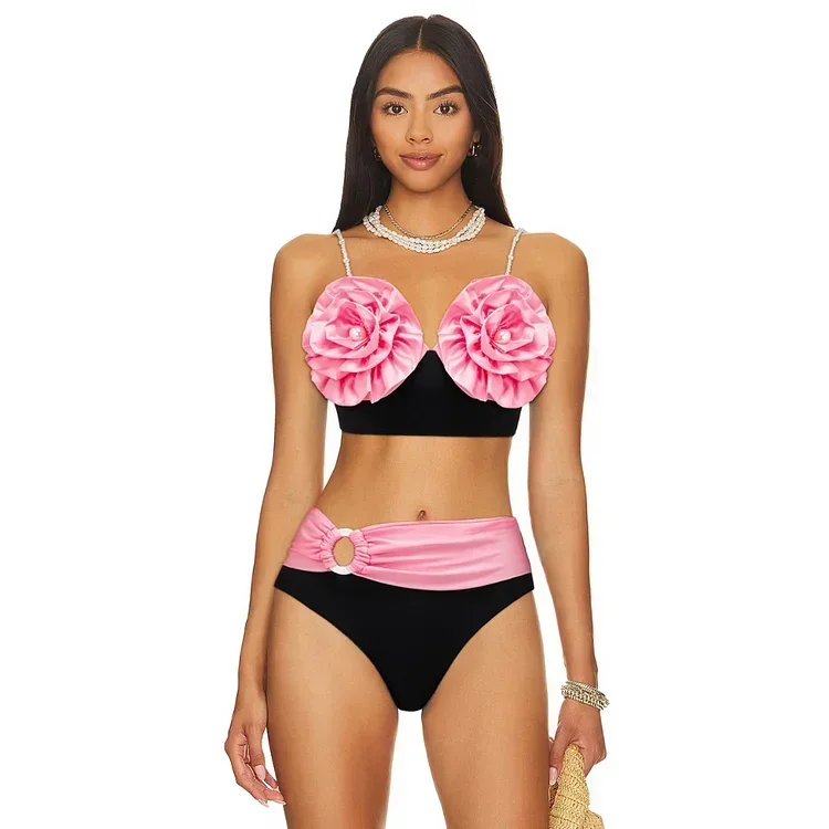 2023 Vintage 3D Flower Detachable Pearl Strap  Bikini SetSwimsuit and Skirt Women Beachwear  woman Swimwear  Luxury Bathing Suit