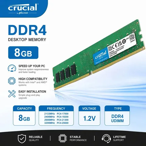 Memória Crucial para Desktop RAM DDR4 8GB 3200MHz 2400 2133 2666MHz DIMM 288Pin PC4-21300 19200 PC4-25600 17000 Memórias RAM para Jogos