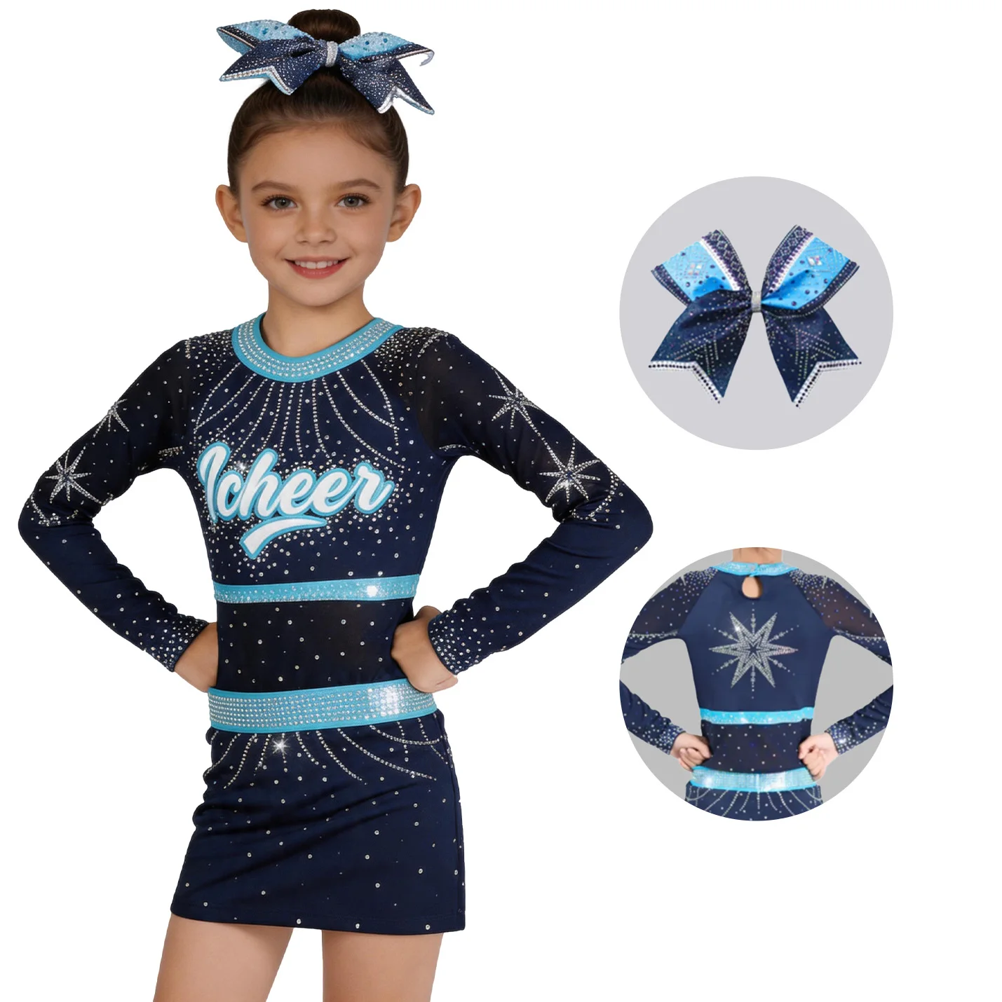 

Girls Navy Blue Cheerleading Costume Star Pattern Sparkly Rhinestone Cheerleader Uniform with Bow Kids Dance Performance Wear