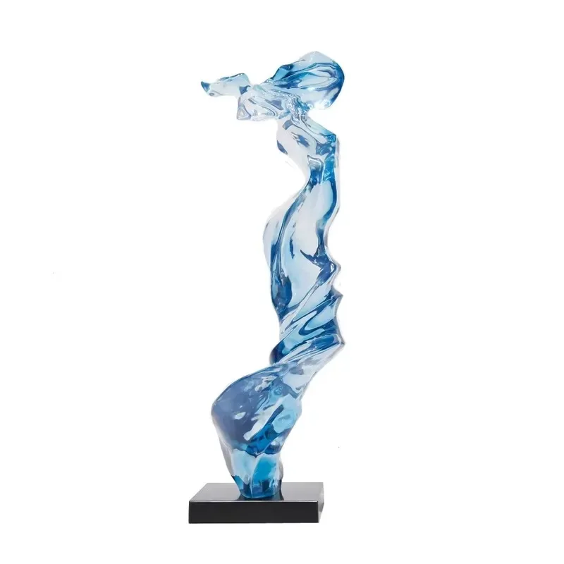 Modern Abstract Transparent Light Blue Resin Sculpture with Marble Base for Office Home Desk Decoration Art Figurine Ornament