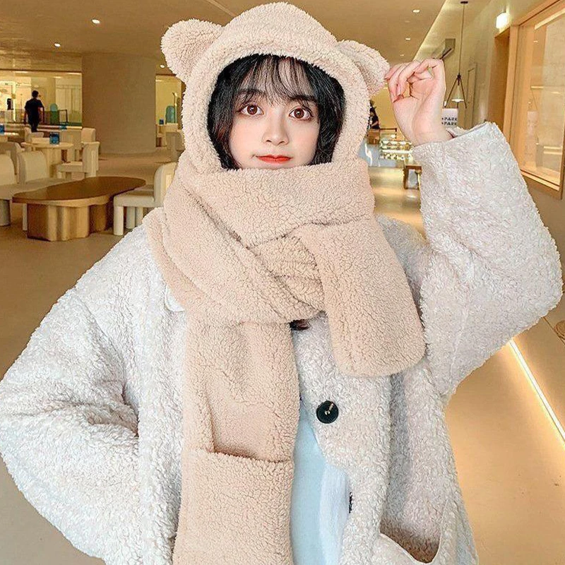 Autumn And Winter Cartoon Cute Bear Hat Scarf Three-in-one Korean Style Hat Warm And Comfortable Ear Protection All-in-one Hat