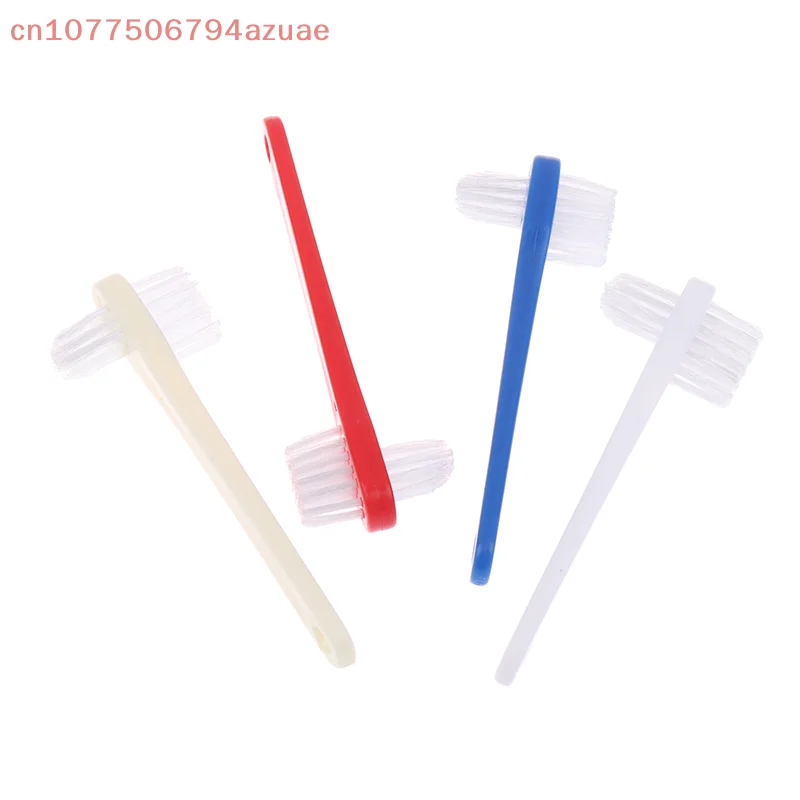 1 pz spazzolino da denti doppia testa spazzola manuale detergente per denti finti portatile al care fornitura protesi blu rosso bianco colore