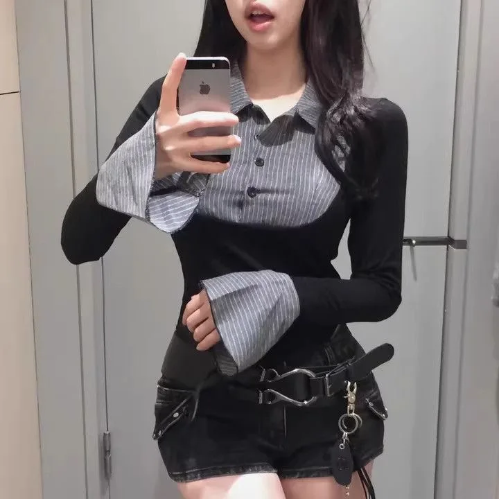 

Women's Long Sve Base irt Inner Wear Collared Top Splice Design Slim Fit Autumn Winter Faionable Commute Sle Polyester