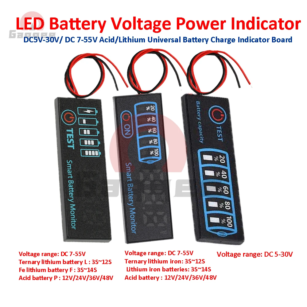 

Lithium Battery Level Indicator Lipo Li-ion Universal Battery Capacity Board DC 7-55V/5V-30V LED Voltage Indicator Module