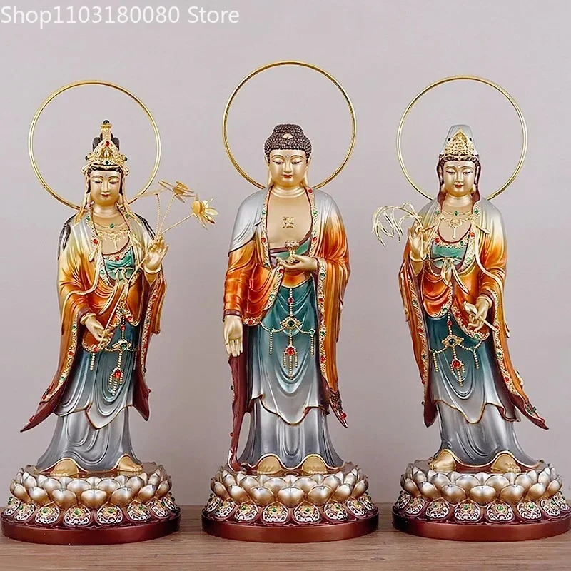 

Copper Enamel Guanyin Amitabha buddha statue Mahasthamaprapta Bodhisattva stand sculpture,65cm,48cm