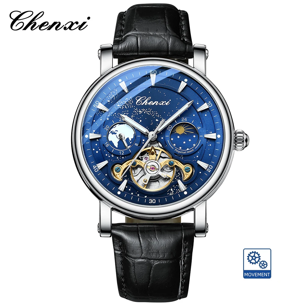 CHENXI Skeleton Tourbillon mechanische Uhren für Herren, vollautomatische leuchtende Mondphase-Chronograph-Herrenuhr 8