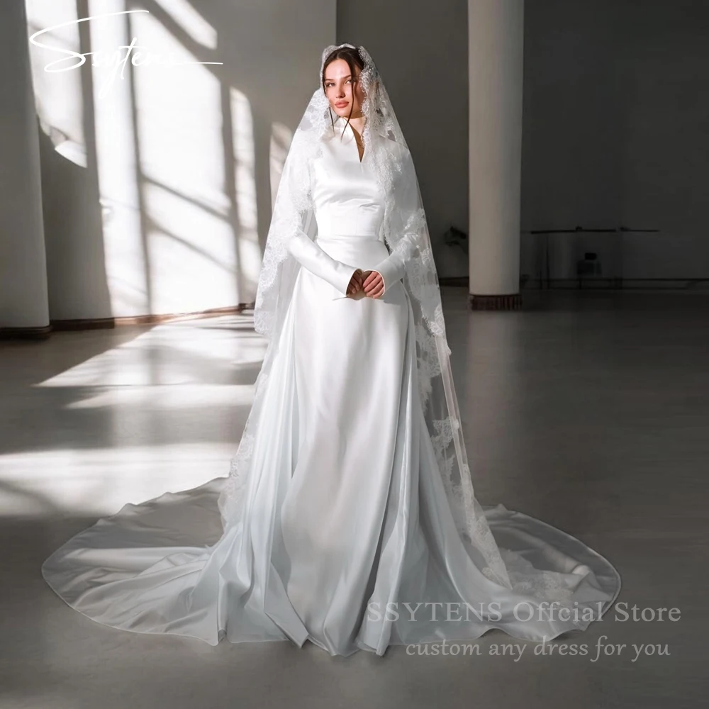 

SSYTENS Modest Muslim Wedding Dresses for Women 2026 High Collar Veiled Bride Dress Long Customize White Civil Bride Bridal Gown