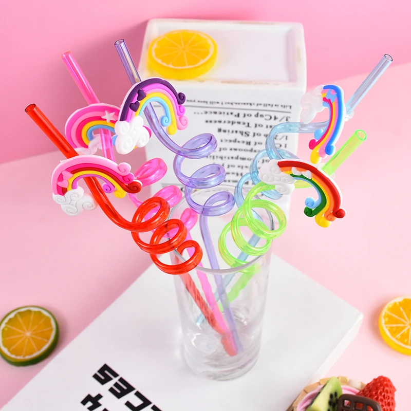 5Pcs Plastic Reusable Rainbow Bend Drinking Straws Children Birthday Party Cartoon Decors Gift Cocktail Juice Bar Spiral Straws