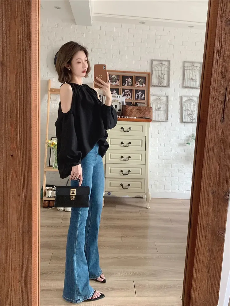 

Extended Length American Retro Blue Flared Denim Jeans Women's Autumn High Waist Deep Color Washed Slimming Floor-Length Pants