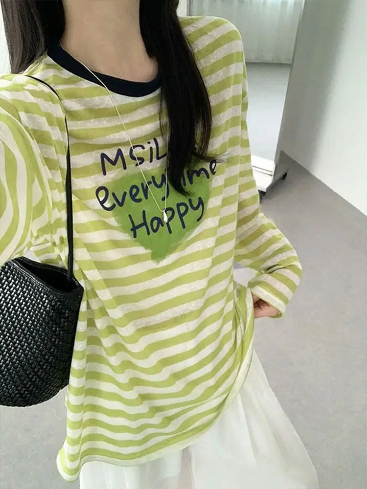Spring Autumn T Shirts Letter O Collar Stripe Leisure Loose Thin Long-sleeved T-shirt Sunscreen Tops Y2k Clothes Kawaii Tops