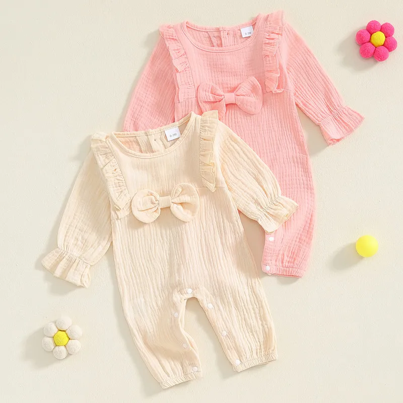 RUEWEY Newborn Baby Girl Bow Romper Spring Autumn Clothes Solid Color Long Sleeve Jumpsuits Infant Toddler Cute Baby Clothing