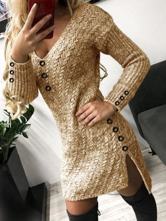 Women's Dress V-Neck Slim Fit and Sexy Temperament Light Mature Solid Color Base Dress Fashionable Commuting Retro Dress