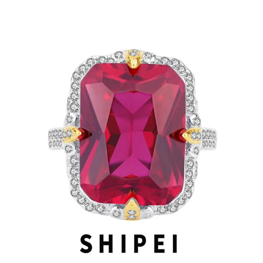 

SHIPEI Vintage Solid 925 Sterling Silver 12*16 MM Emerald Ruby Gemstone 18K Gold Plated Engagement Ring for Women Fine Jewelry