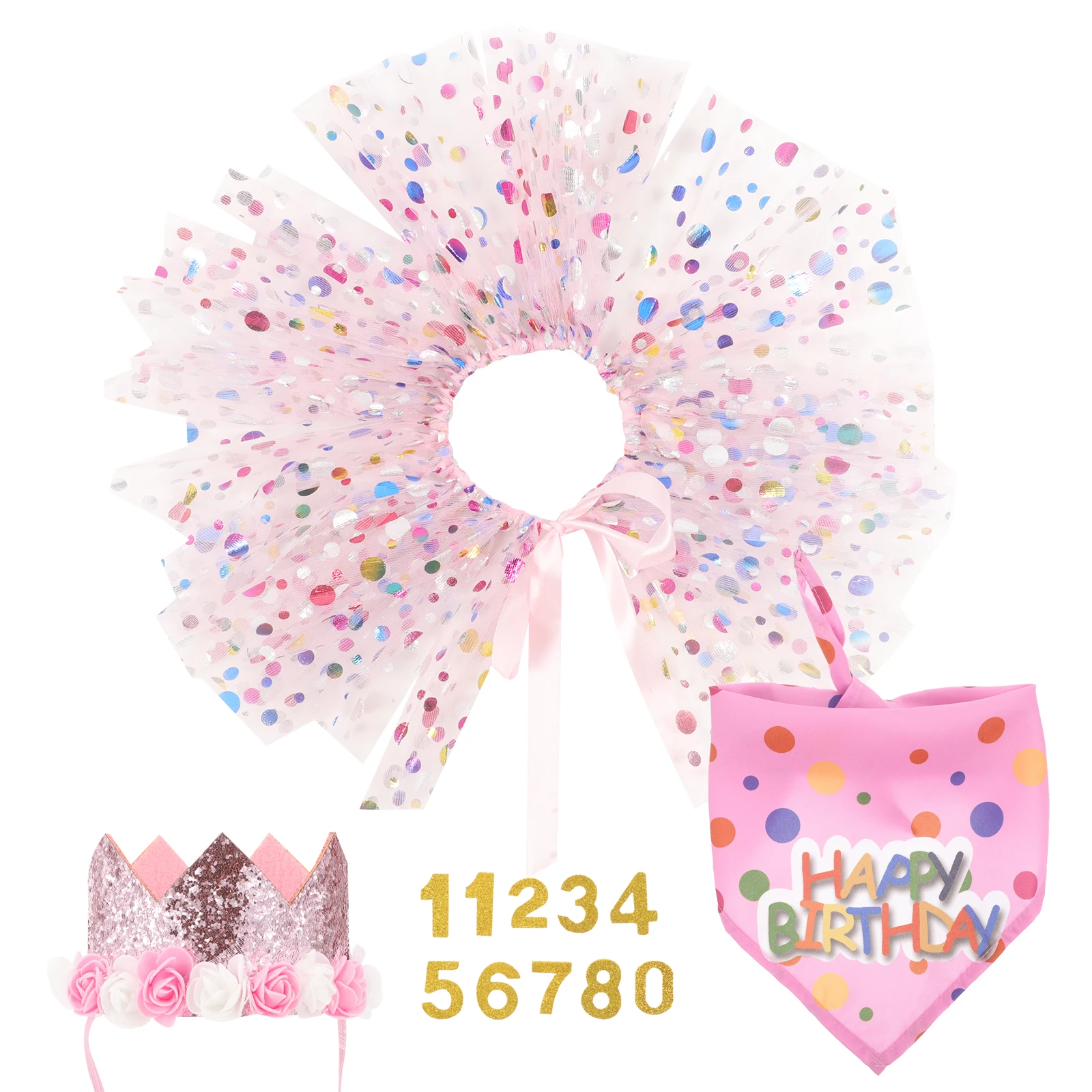 

Birthday Crown Tulle Skirt Suit Dog Outfit Pet Bandana Dress Hat Adjustable Scarf Mesh Supplies Birthday Party Decorations Dog