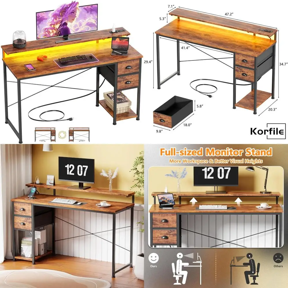 

55-дюймовый компьютерный стол со светодиодной подсветкой, розетками, ящиками для хранения и подставкой для монитора для письменных работ в домашнем офисе