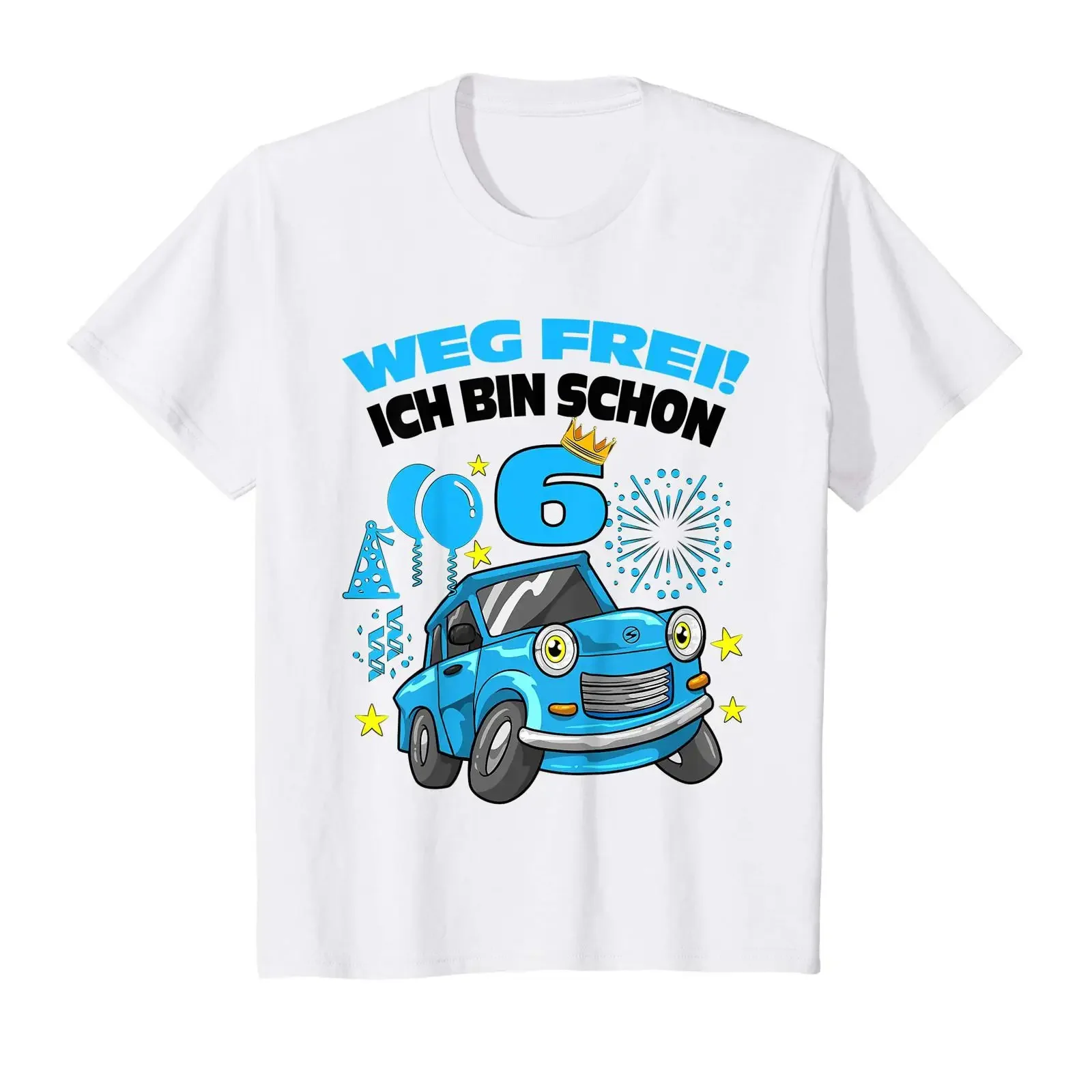 Camiseta infantil com estampa 'Weg frei ich bin schon 6 Birthday Boy Trabant 601' vintage lavada para uso diário, moda elegante.